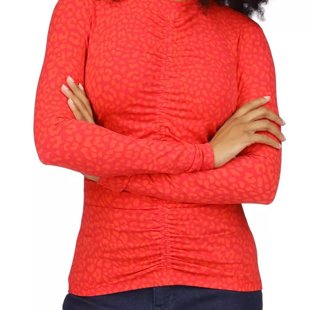 MICHAEL KORS CHEETAH PRINT LONG SLEEVE RUCHED SHIRT NWT DEEP PINK/ORANGE SIZE L